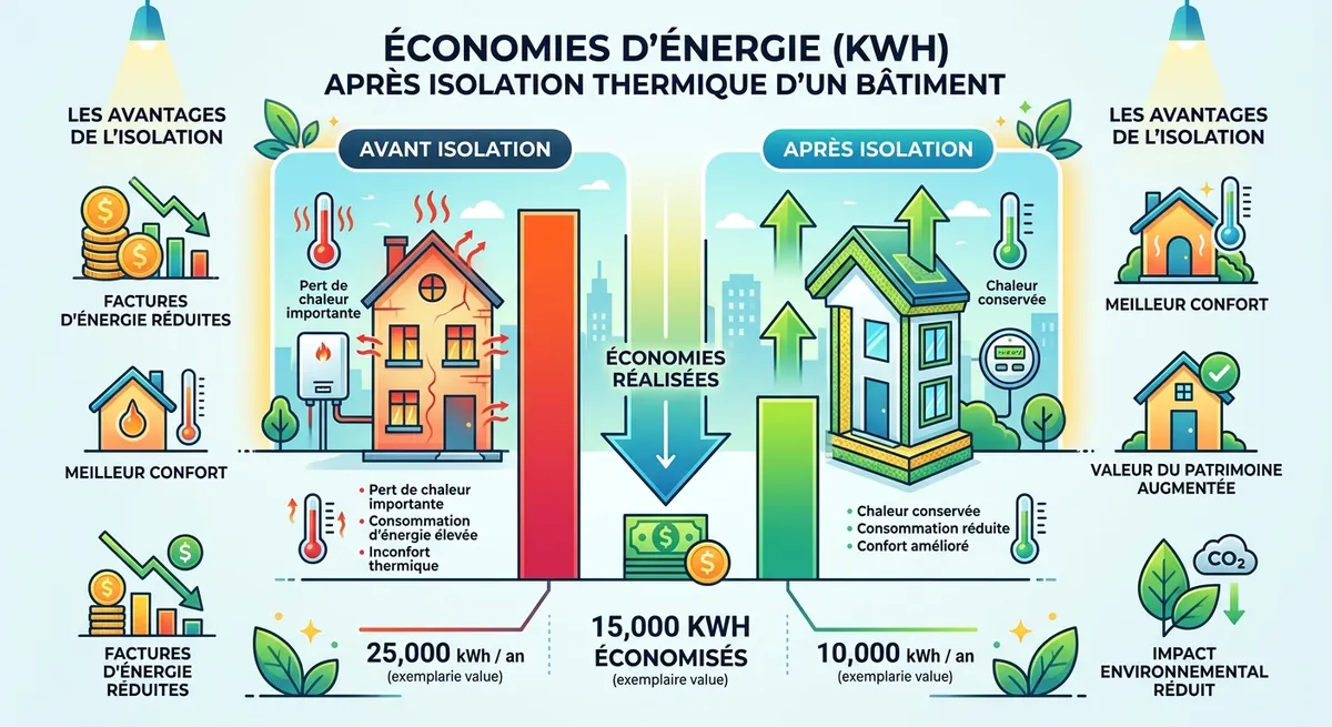 Exemple de gains en KWh et en Euros par an et pour une pièce après traitement